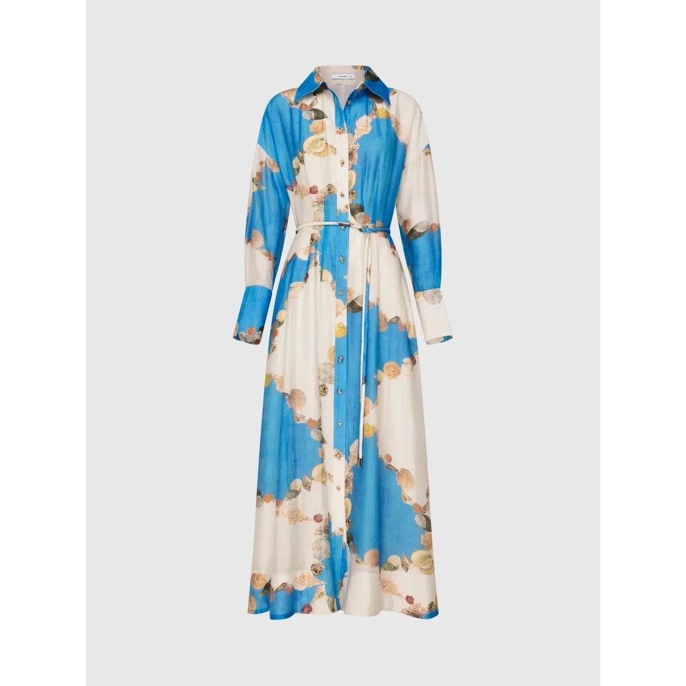 Caroline Constas Blue White Seashell Print Maxi Shirt Dress NWT Size M